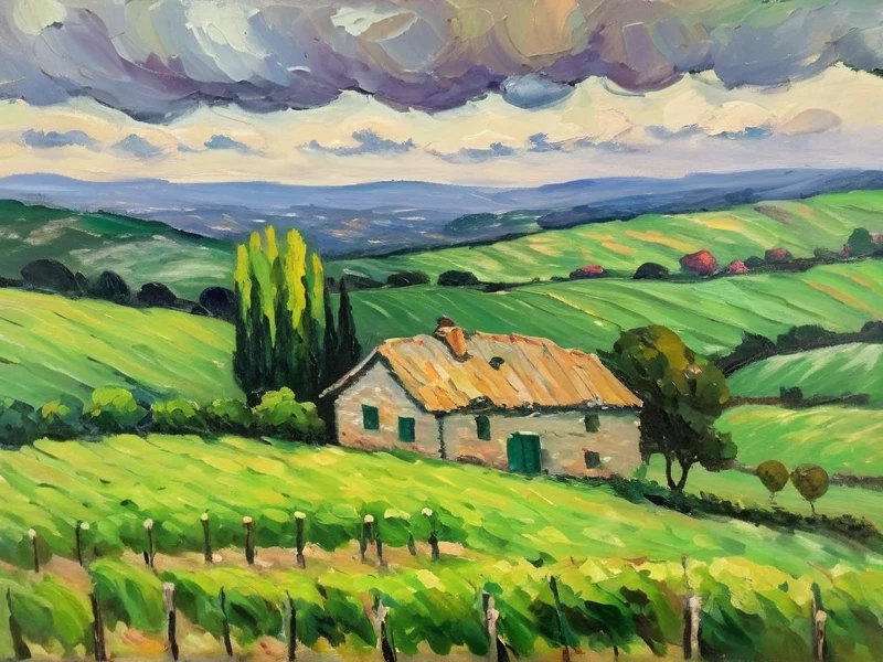 Same landscape transformed into impressionist oil painting